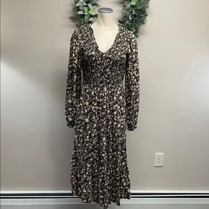Old Navy Long Balloon Sleeve Smocked Bodice Boho Black Ditsy Floral Dress XS
